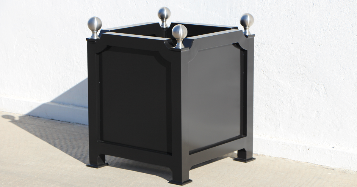 Aluminum Curved Planter Box with Stainless Steel Finial Accents of France